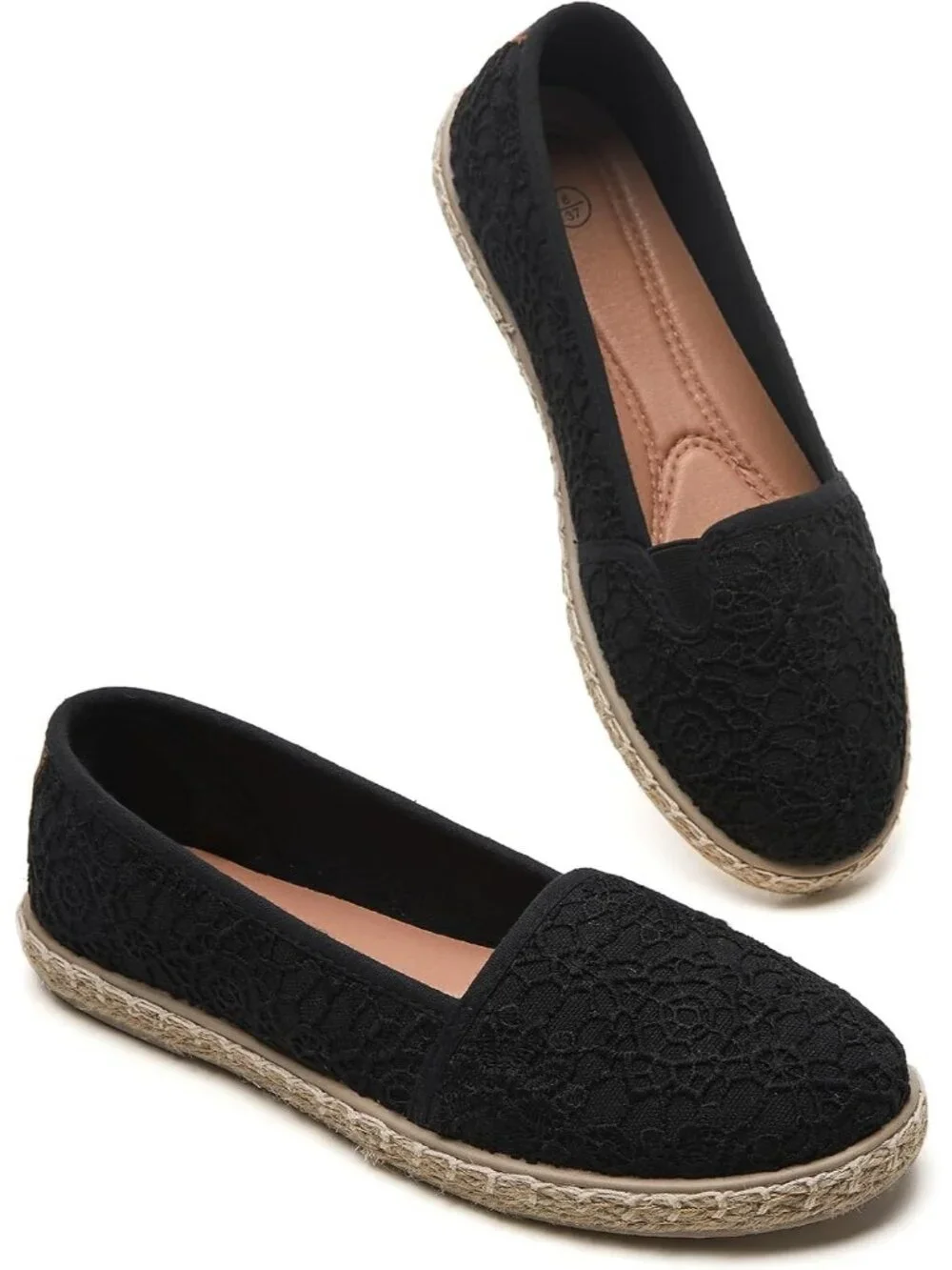Women's Black Rubber Flower Embroidered Comfortable Round Toe Casual Ballet Flat